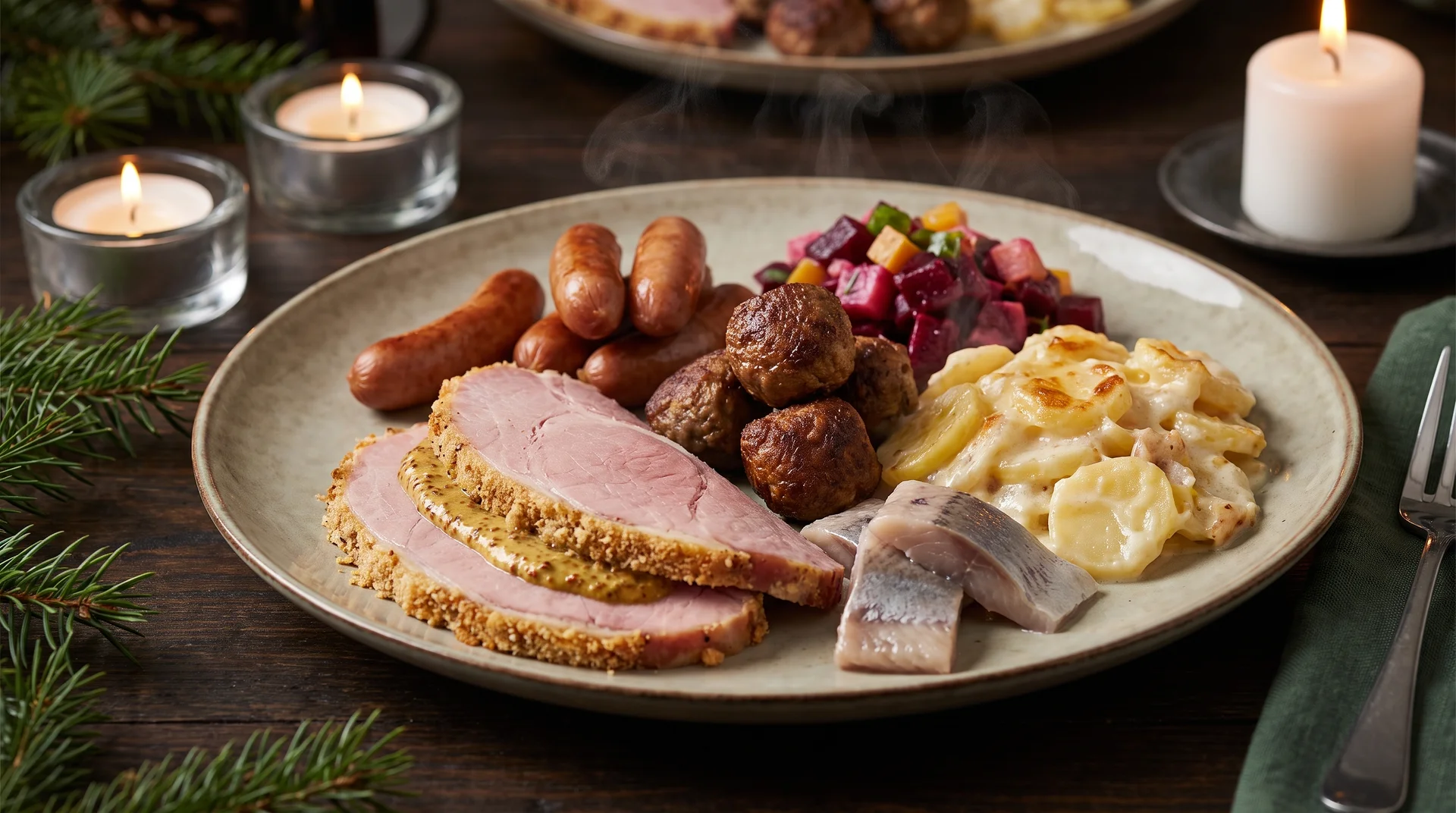Tallrik med julskinka, köttbullar, prinskorv, sill och potatisgratäng
